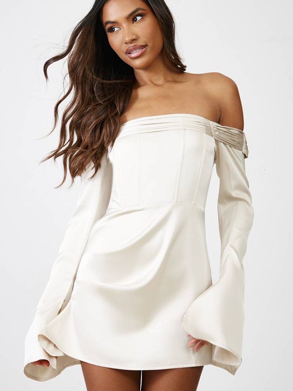 Pretty Little Thing Champagne Satin Pleat Bardot Sleeve Shift Dress